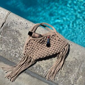 Woven Fringe Shoulder Bag in Beige
